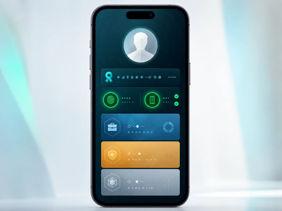 Concept of a private digital identity wallet with verification and credential status cards